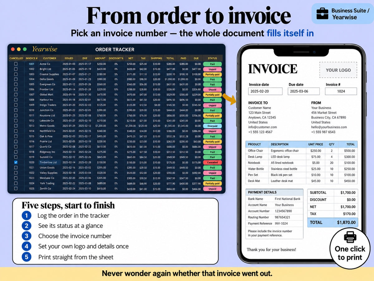 Automated invoice of the Yearwise Business Suite generated from the order tracker and shown on a phone