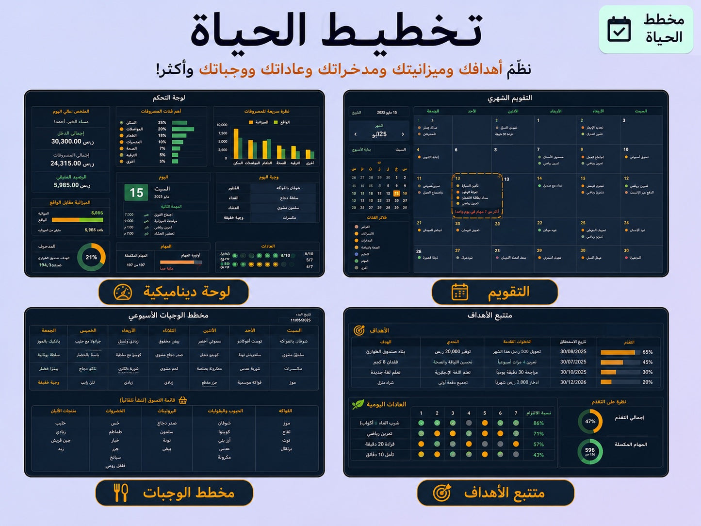 تخطيط الحياة — لوحة وتقويم ووجبات وأهداف في ملف واحد