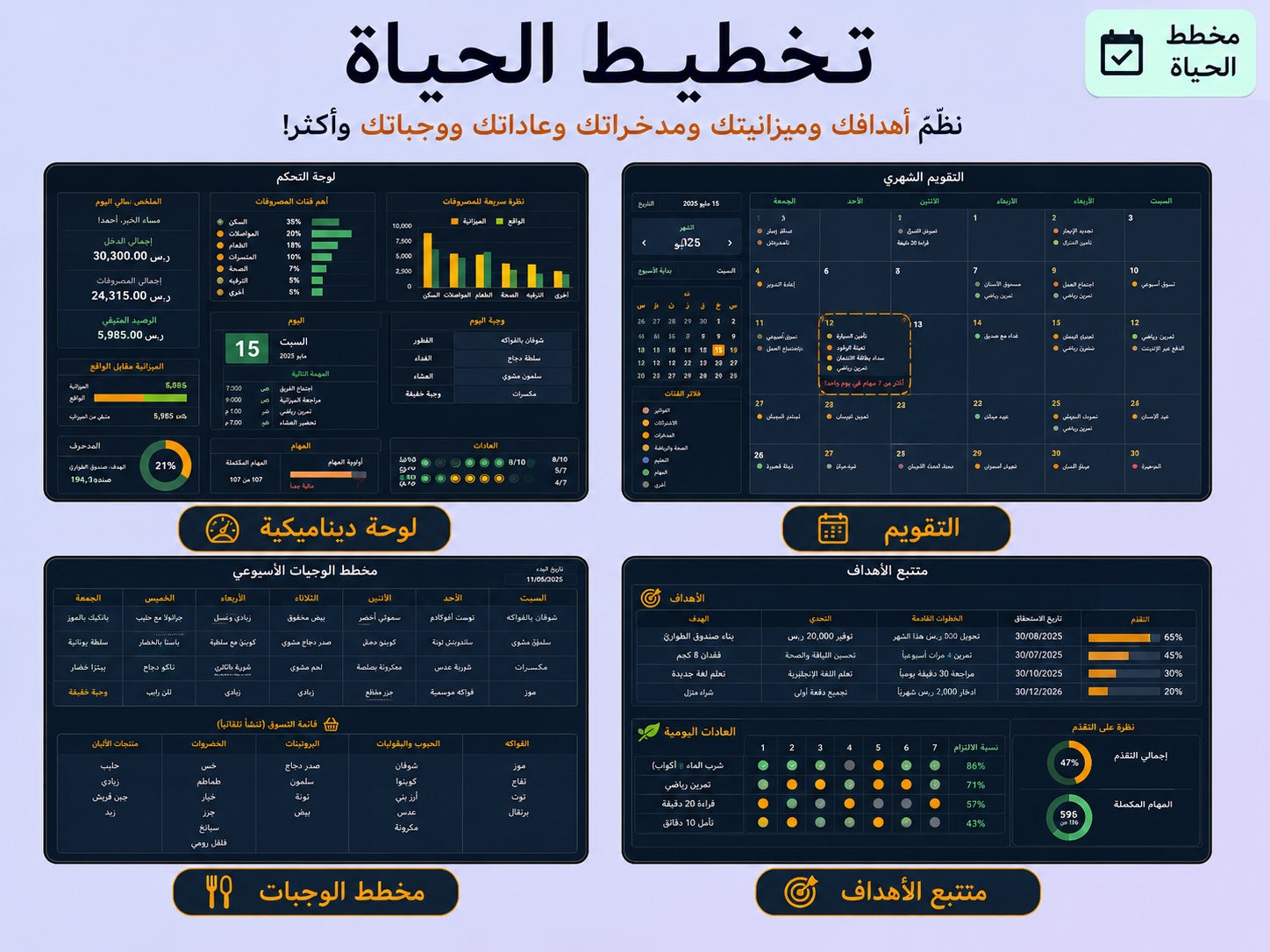 تخطيط الحياة — لوحة وتقويم ووجبات وأهداف في ملف واحد