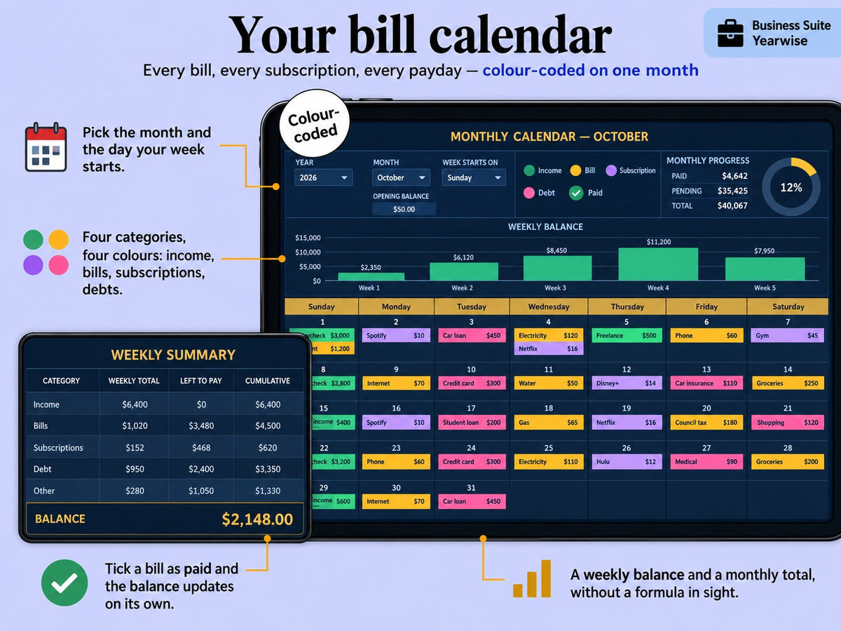 Monthly bill calendar of the Yearwise Business Suite with colour-coded bills, subscriptions, debts and income