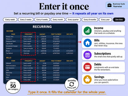 Recurring transactions tab of the Yearwise Business Suite with weekly, monthly and yearly frequencies